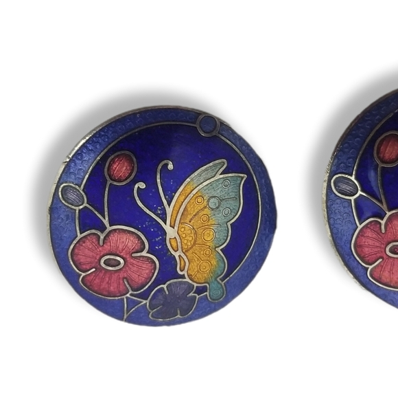 VINTAGE CLOISONNE BUTTERFLY & FLOWER BUTTON CLIP ON EARRINGS - Picture 5 of 6